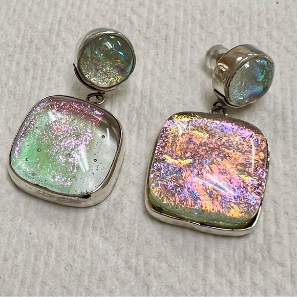 Artisan-made Sterling Silver and Glass Iridescent Earrings - Picture 9 of 14
